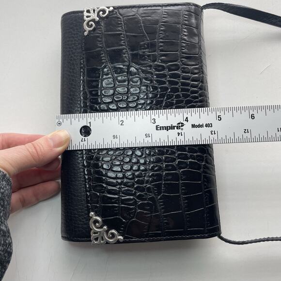 BRIGHTON Black Leather Organizer Wallet Crossbody Croc-embossed Elegant Western - Picture 10 of 15